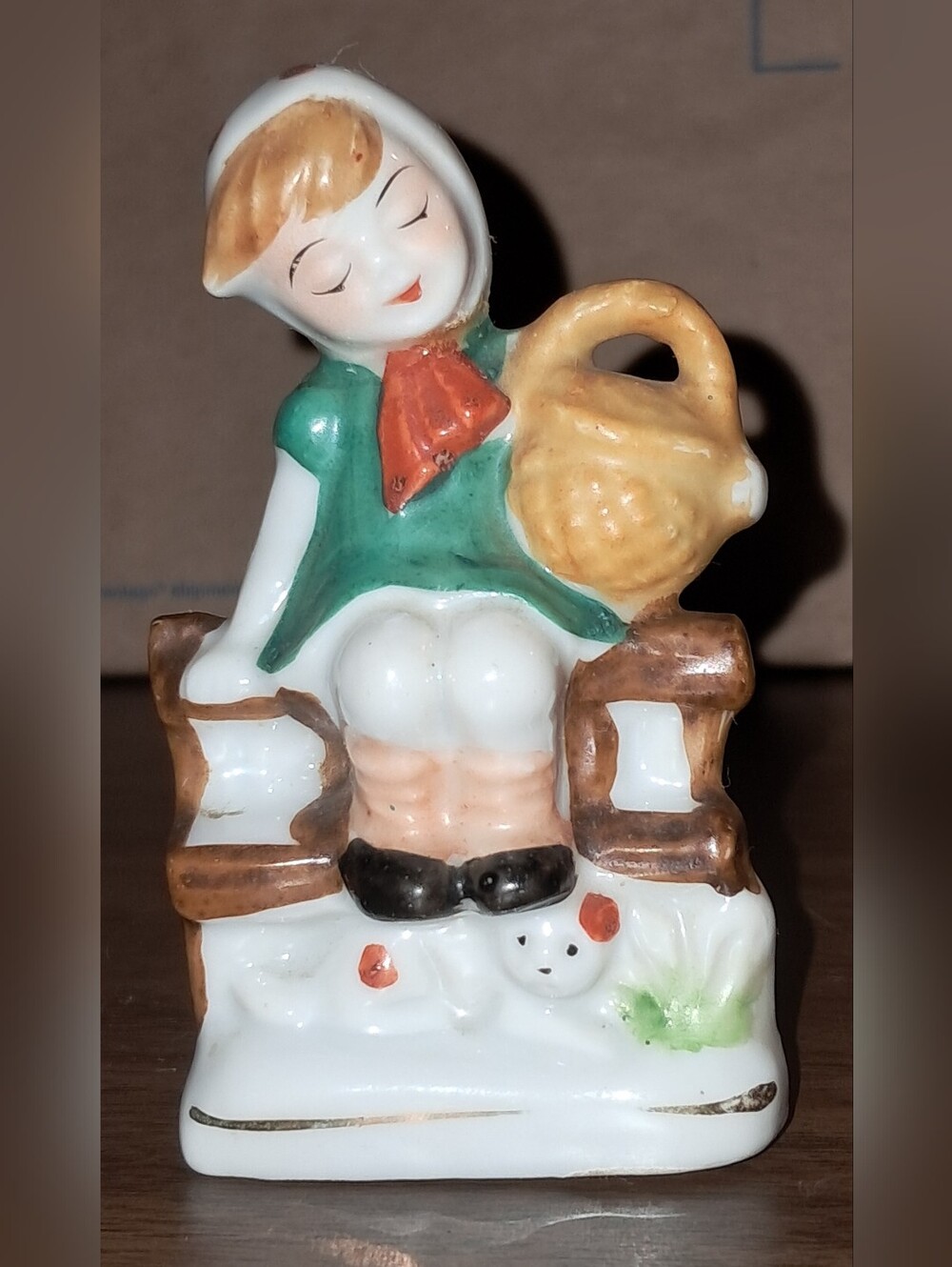 Vintage Porcelain Girl Figurine in Green Dress with Basket